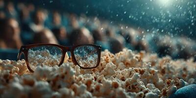 Glasses rest on popcorn as patrons watch an engaging film in a darkened theater photo