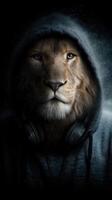 Majestic lion wearing a hooded sweatshirt and headphones in a dark, atmospheric setting photo