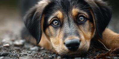 Puppy resting on gravel with striking blue eyes in a peaceful outdoor setting during daylight photo