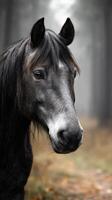 Majestic black horse with striking features in a serene forest during a foggy morning photo