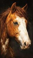 Majestic brown and white horse portrait captured in soft lighting against a dark background photo