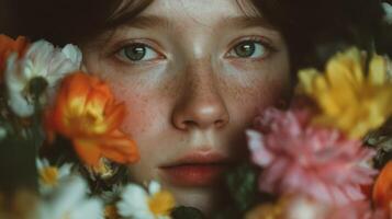 Young girl surrounded by vibrant flowers in soft lighting, capturing a moment of tranquility and beauty in nature photo