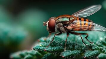 Close-up of a colorful fly perched on a green leaf in a vibrant natural setting during daylight photo