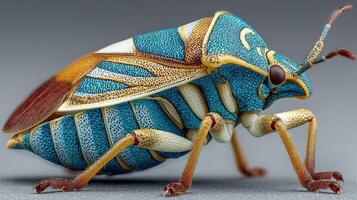 Colorful insect with intricate patterns resting on a surface in a close-up shot showcasing its unique features photo