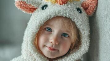 Young child in fluffy unicorn hoodie smiles while leaning against a wall in a cozy indoor setting photo