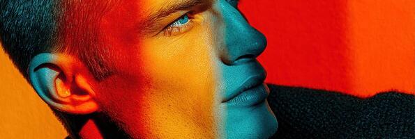 Striking portrait featuring a young man with bold color contrasts against a vibrant background photo