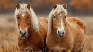 Horses standing together in a golden field during autumn near a forest photo