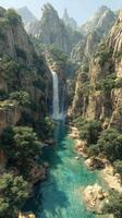 Majestic waterfall cascading into a turquoise river surrounded by rocky mountains and lush greenery photo