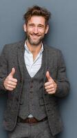 Man in stylish gray suit gives thumbs up in front of blue backdrop, showcasing confidence and approachability during a photoshoot photo