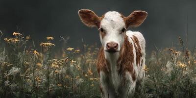 Calf standing in a field of wildflowers during early morning light in a tranquil rural setting photo