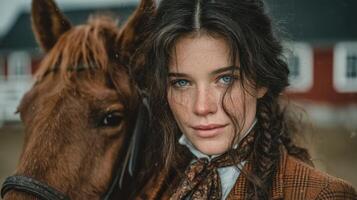 Young woman poses with brown horse outdoors in rural setting during cloudy day in a picturesque landscape photo