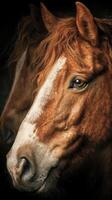 Two horses in close-up showcasing their beautiful features and expressions in a soft, dark background photo