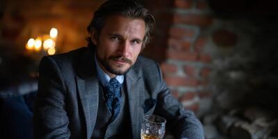 Sophisticated man enjoying a drink in a cozy, warmly lit room with rustic brick walls during the evening hours photo