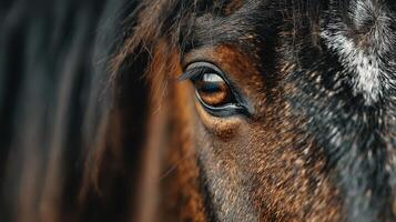 Close-up of a horse's eye, showcasing its intricate details and warm tones, in a serene outdoor setting during the golden hour photo