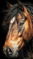 Close-up of a detailed horse portrait showcasing rich texture and vibrant colors in natural lighting photo
