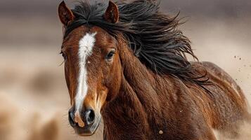 Majestic brown horse galloping in the open field under a clear sky during golden hour photo
