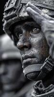 Soldier saluting with determination during training exercise in a military environment at sunrise photo