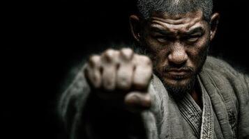 Martial artist delivers a powerful punch in a dramatic portrait showcasing strength and determination photo