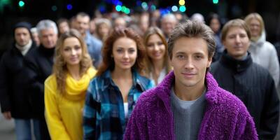 Group of diverse people walking together at night in a city vibrant with colorful lights photo
