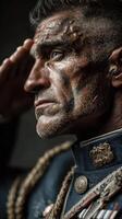 Veteran saluting with pride, showing resilience and bravery in a military uniform with detailed decorations photo