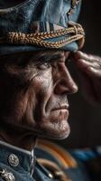 Veteran saluting with deep expression showcasing years of service and wisdom in the early morning light photo
