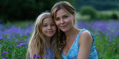 Portrait of a mother and daughter enjoying a sunny afternoon in a blooming flower field photo