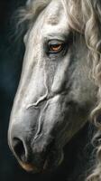 Majestic white horse with flowing mane gazing thoughtfully in a dark setting photo