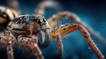 Close-up view of a spider with water droplets on its body during early morning hours in a natural setting photo