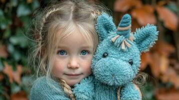 Young girl with blue eyes holds a blue unicorn stuffed toy in a cozy autumn setting photo