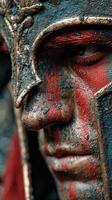 Warrior in battle attire showcases intricate makeup during an ancient reenactment event in a historical setting photo