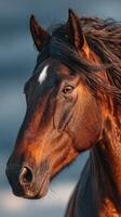 Majestic brown horse with flowing mane stands proudly against a blurred backdrop of nature photo
