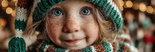 Young child with bright blue eyes smiles warmly while wearing a knitted hat and scarf during a festive winter celebration photo