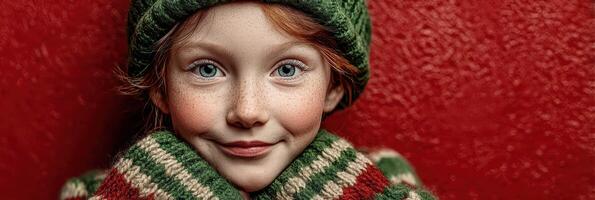 Young child smiling warmly in a cozy sweater against a vibrant red background photo