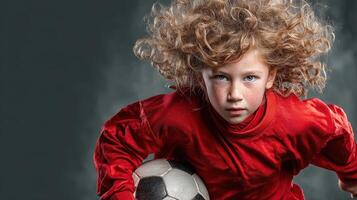 Young athlete focused on soccer in a spirited action pose during a training session indoors photo