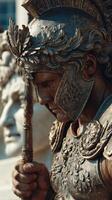 Historic warrior statue captured in detail, showcasing craftsmanship with intricate textures and expressions in a vibrant outdoor setting photo