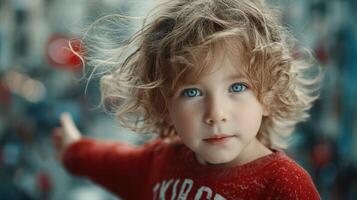 Child with curly hair and bright blue eyes engages in playful exploration at a vibrant playground in the afternoon sun photo