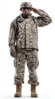 Soldier in camouflage uniform saluting in a respectful pose indoors during a formal ceremony or event photo