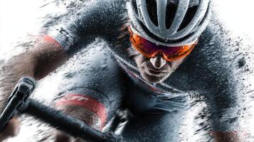 Cyclist racing through a dynamic environment with intense focus and speed during a competition photo
