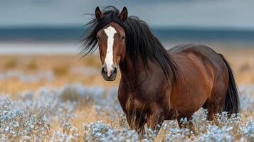 Majestic brown horse standing among blue wildflowers in a vibrant meadow under a cloudy sky photo