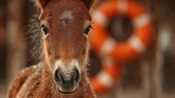 Young foal with soft fur gazes curiously at the camera, surrounded by a rustic background photo