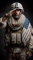Soldier saluting with pride while wearing an American flag scarf in a solemn setting with dramatic lighting photo