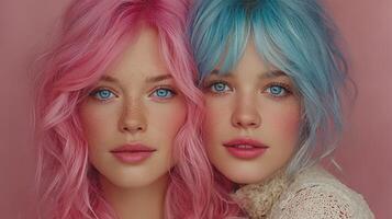 Two young women with vibrant colored hair pose together against a soft pink background showcasing styles and expressions photo