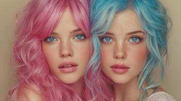 Two young women with vibrant pink and blue hair pose together with striking blue eyes and playful expressions in a studio setting photo