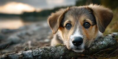 Young dog resting by the shore during sunset near a lake surrounded by trees and rocky terrain photo