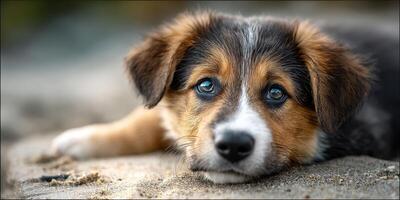 Cute puppy resting on sandy beach during sunny day, showcasing bright eyes and playful expression photo