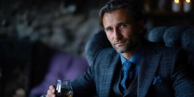 Elegant man enjoying a drink in a cozy lounge setting during evening hours photo