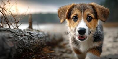 Cuddly puppy exploring a sandy shore at sunset near a calm body of water photo
