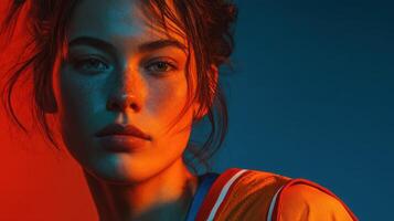 Portrait of a young woman with expressive features under contrasting colored lights in a creative setting photo