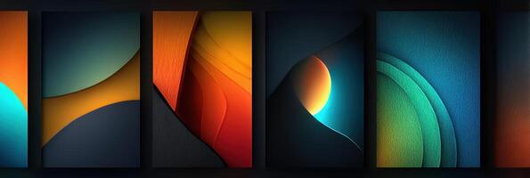 Collection of abstract wall art featuring vibrant colors and geometric patterns in a modern display photo