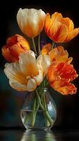 Brightly colored tulips arranged in a glass vase create an elegant floral display indoors photo